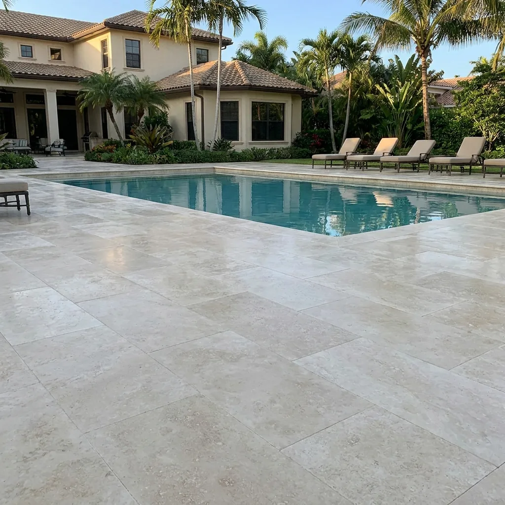 Sealed travertine pool deck in South Florida