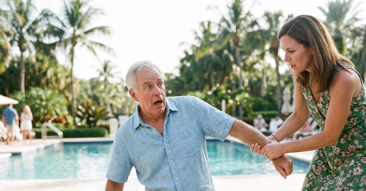 Elderly man losing his balance on a wet pool deck, caught before a fall