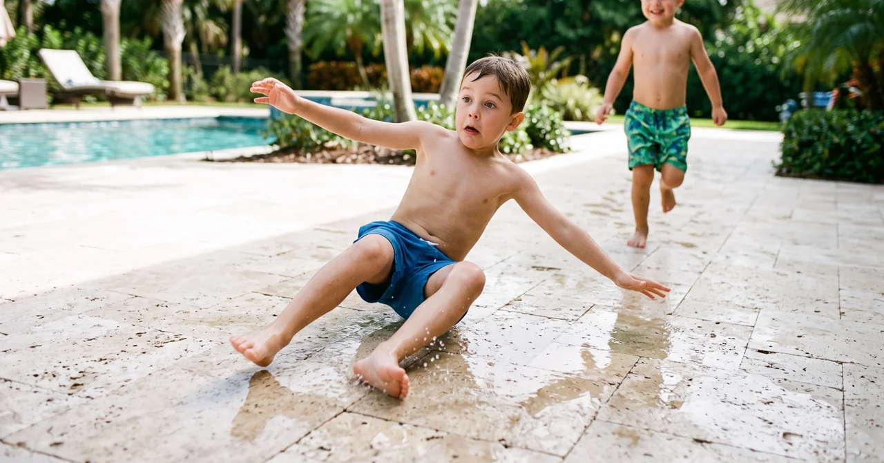 Kids running barefoot on a safe pool deck