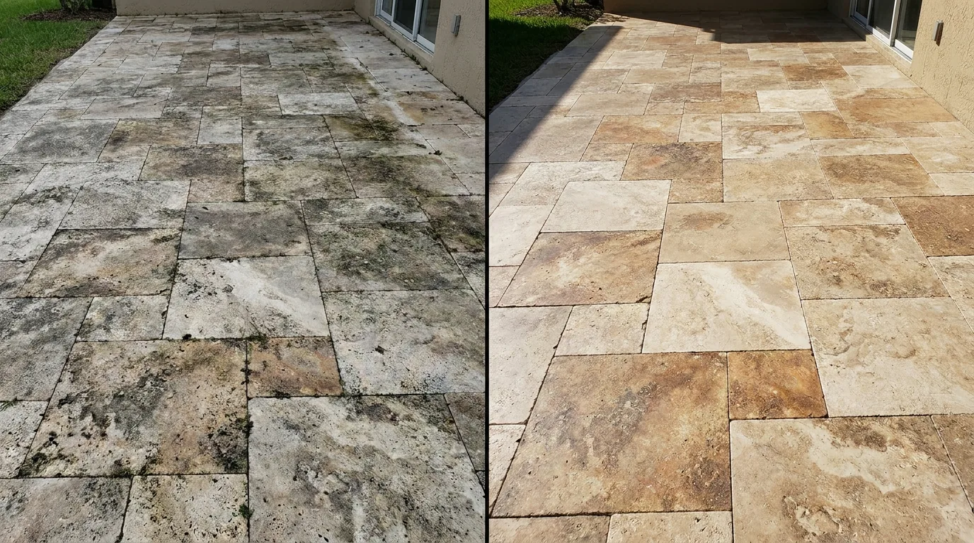 Travertine cleaning before and after comparison